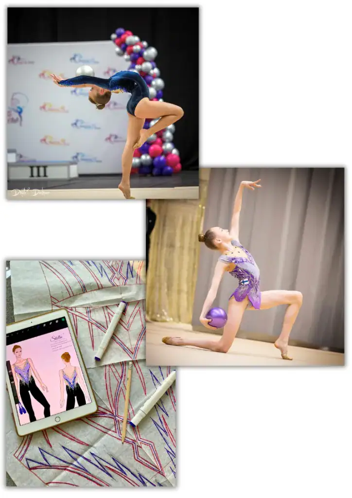 Rytmisen voimistelun kilpailusuorituksia sekä kisapuvun suunnittelua tabletilla ja kaavoilla.